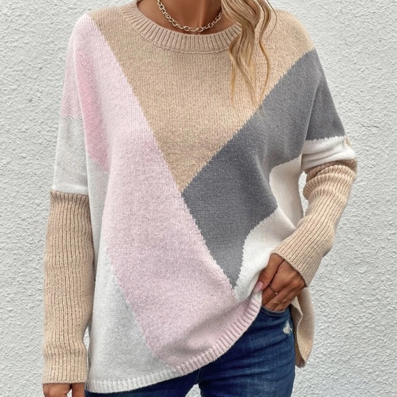 Cozy Color block Oversized Knit Sweater Top - Picture 2 of 4